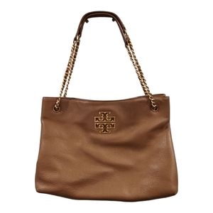 Tory Burch Britten Triple Compartment Tan/Beige Leather Tote Bag